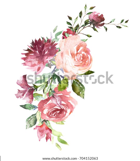 水彩花 手描きの花柄のイラスト ピンクのバラの花束 葉 デザインアレンジメント テキスタイル グリーティングカード 白い背景に花の抽象的な分岐 の イラスト素材