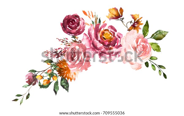 水彩花手绘花卉插画 花束玫瑰 纺织品或贺卡的设计安排 花朵抽象分支在白色背景上隔离 库存插图
