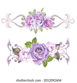 Watercolor Flowers Illustrations With Lilac Roses