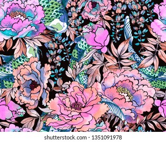 Watercolor flowers. Japanese seamless pattern.Asian ink print with chrysanthemum and wisteria