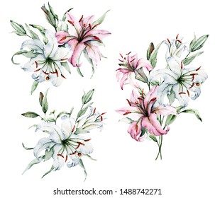水彩の花ユリと緑の葉セット 白い背景に花柄のイラスト 手描き 結婚式 誕生日 パーティー その他の挨拶デザインに最適 のイラスト素材 Shutterstock
