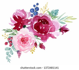 Watercolor Purple Pink Rose Flowers Isolated Stock Illustration 1403963720