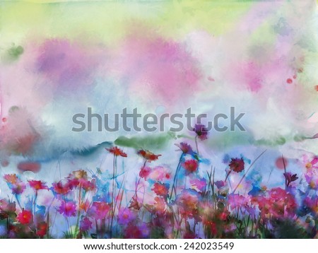 Watercolor flowers painting.Flowers in soft color and blur style for background.Vintage painting flowers
