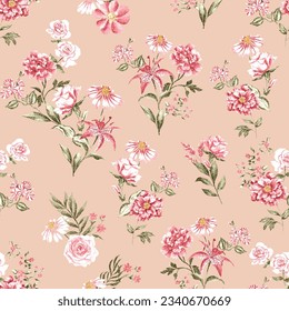 Watercolor flowers pattern, red tropical elements, green leaves, yellow background, seamless