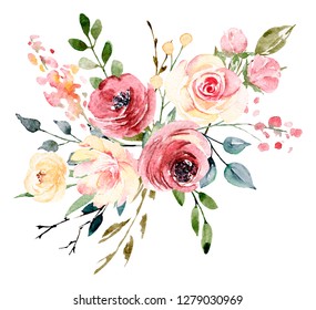 Flowers Watercolor Clip Art Pink Burgundy Stock Illustration 1339493273 ...