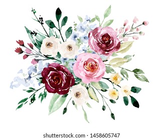 Watercolor Flowers Bouquet Pink Burgundy Indigo Stock Illustration ...
