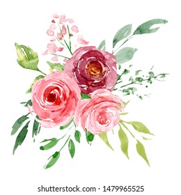 Watercolor Flowers Pink Roses Floral Bouquet Stock Illustration ...