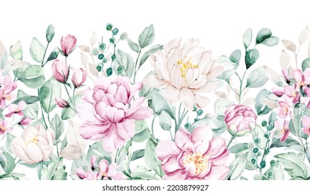 Watercolor Flowers Pink White Peonies Floral Stock Illustration ...