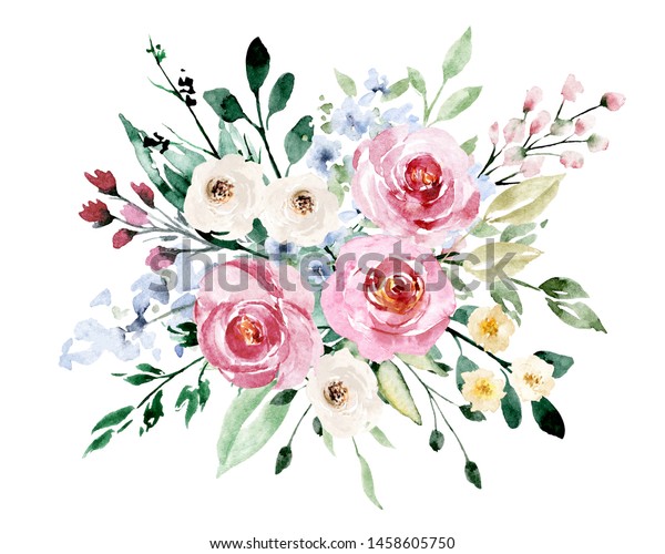 Watercolor Flowers Pink White Roses Floral Stock Illustration 1458605750