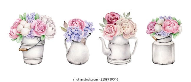 Watercolor Flowers In Pot.Peony In Kettle.Floral Composition.Bouquet.