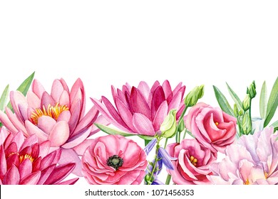 watercolor flowers, ranunculus, lotus, blue bell, rose, eustoma, peony on isolated white background, hand drawing, greeting card