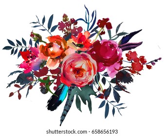 Watercolor Flowers Red Navy Blue Pink Bouquet.