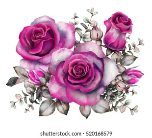 watercolor flowers  romantic floral illustration  purple rose  branch flowers isolated white background  Leaf   buds  Bouquet  composition for wedding greeting card