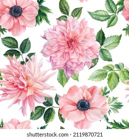 Watercolor Flowers. Seamless Pattern With Dahlia, Roses, Anemones. Pink Floral Print