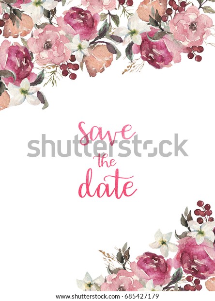 水彩の花セット 美しい花柄のクリップアート 華やかな花柄の枠 縁 ヘッダー バーグンディとピンクの花と葉のコーナー 手描きの水彩 デザインの招待 結婚式 ファッション のイラスト素材