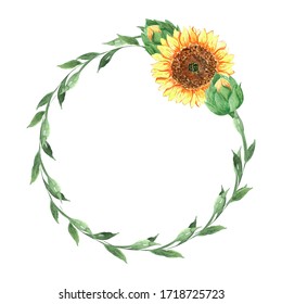 Watercolor Flowers Wreath. Sunflower Illustration. 