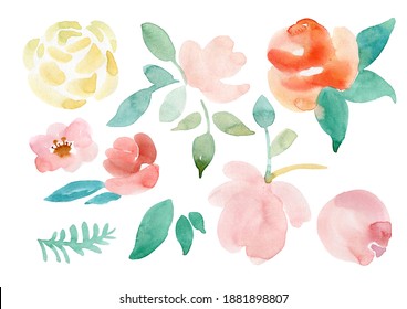 Watercolor flowers,leaves,branches,isolated on white. Sketched wreath,pigeons,envelopes,bottle,hearts for romantic,wedding,valentines day design. Watercolour style