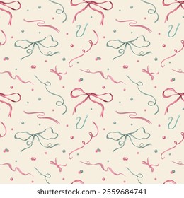 Watercolor flying pink and green satin bows, ribbons, pearl beads seamless pattern on beige background. Decorative accessories illustration for Mother day, Valentine day package, wrapping paper. - Powered by Shutterstock