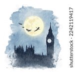 Watercolor flying silhouettes of Peter Pan and children of London Tower Big Ben and Westminster palace in moon night  isolated on white background. Hand drawn illustration sketch