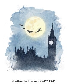Watercolor flying silhouettes of Peter Pan and children of London Tower Big Ben and Westminster palace in moon night  isolated on white background. Hand drawn illustration sketch