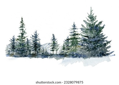 Watercolor foggy forest landscape in green colors. Watercolor abstract woddland, fir trees silhouette, winter background hand drawn illustration, 