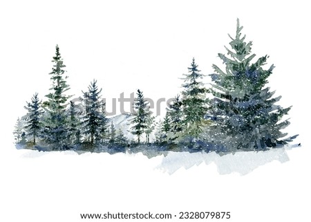 Watercolor foggy forest landscape in green colors. Watercolor abstract woddland, fir trees silhouette, winter background hand drawn illustration, 