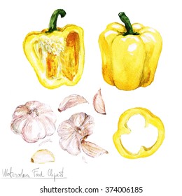 Watercolor Food Clipart - Bell Pepper And Garlic