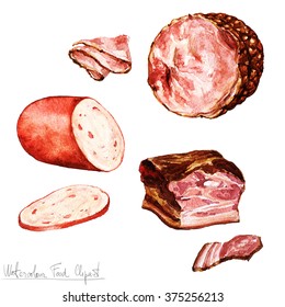 Watercolor Food Clipart - Bologna, Ham, Bacon