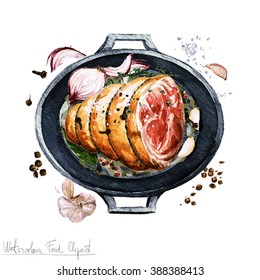 Watercolor Food Clipart - Ham In A Cooking Pot