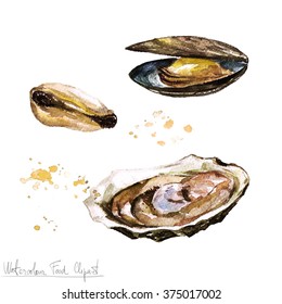 Watercolor Food Clipart - Oyster And Mussel