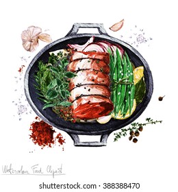 Watercolor Food Clipart - Rolled Brisket Cut In A Cooking Pot