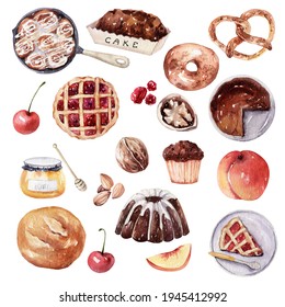 Watercolor Food Desserts Illustrations, Bakery Elements