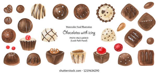 Watercolor food illustration. Chocolate candies decorated white icing. Isolated, path included - Shutterstock ID 1219634290