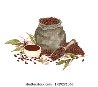 Watercolor Food Illustration. Cup Of Black Coffee, Beans In A Bag With A Spoon And Coffee Plant With Flowers. Perfect For Cards, Logo, Menu Design.