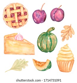 Watercolor Food Illustration. Plum, Pumpkin, Cupcake, Cheesecake, Autumn Leaves, Pie. Autumn Set.