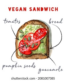 Watercolor Food Poster, Quote Vegan Sandwich Recipe, Hand Drawn Ingredients. Cookbook Art, Healthy And Tasty. Tomatos And Guacamole . Toast For Vegetarian Breakfast. Raster Stock Illustration.