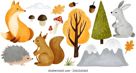 Watercolor Forest Animal Clipart. Cute Woodland Characters. Fox, Rabbit, Squirrel And Hedgehog 