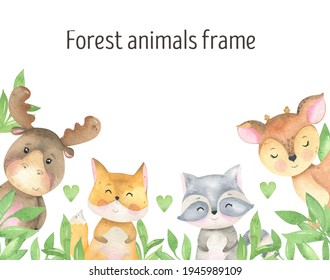 Watercolor Forest Animal Invitation Card, Frame Layout. Birthday Party, Baby Shower. Woodland Animals Illustrations, Cute Cartoon. Forest Friends Invitation, Funny Character. Raccoon, Deer, Elk, Fox.	