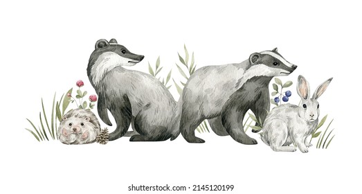 Watercolor Forest Baby Animals. Badger, Rabbit, Hedgehog, Flowers, Berries. Summer Woodland, Nature Scene, Valley. Wildlife Creatures