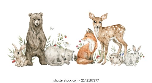 Watercolor Forest Baby Animals. Bear, Wolf, Fox, Deer, Rabbit, Flowers, Berries. Summer Woodland, Nature Scene, Valley. Wildlife Creatures