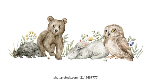 Watercolor Forest Baby Animals. Bear, Hare, Owl, Porcupine, Flowers. Summer Woodland, Nature Scene, Valley. Wildlife Creatures