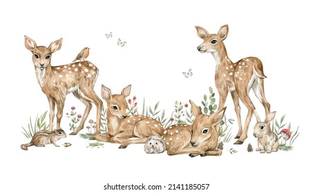 Watercolor Forest Baby Animals. Cute Deer, Flowers, Mushrooms, Berries. Summer Woodland, Nature Scene, Valley. Wildlife Creatures