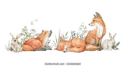 Watercolor Forest Baby Animals. Cute Fox, Rabbit, Berries, Flowers. Summer Woodland, Nature Scene, Valley. Wildlife Creatures