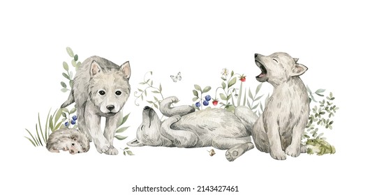 Watercolor Forest Baby Animals. Cute Wolfs, Flowers, Berries. Summer Woodland, Nature Scene, Valley. Wildlife Creatures
