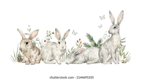 Watercolor Forest Baby Animals. Cute Rabbits, Hare, Berries, Pines, Leaves. Summer Woodland, Nature Scene, Valley. Wildlife Creatures
