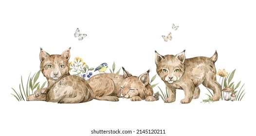 Watercolor Forest Baby Animals. Cute Lynx, Flowers, Wild Cats. Summer Woodland, Nature Scene, Valley. Wildlife Creatures