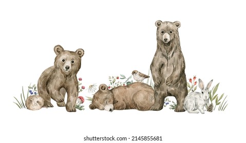 Watercolor Forest Baby Animals. Cute Bears, Flowers, Berries. Summer Woodland, Nature Scene, Valley. Wildlife Creatures