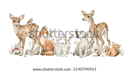 Watercolor forest baby animals. Deer, wolf, rabbit, fox, squirrel, flowers, mushrooms. Summer woodland, nature scene, valley. Wildlife creatures
