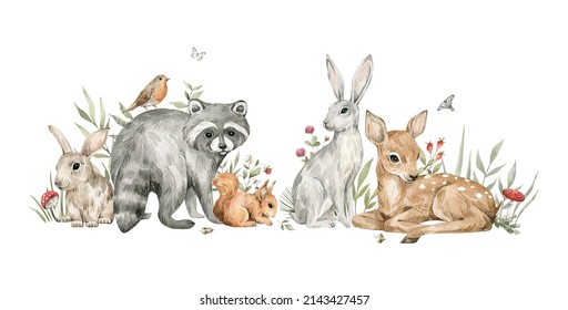 Watercolor forest baby animals. Raccoon, deer, hare, squirrel, flowers, mushrooms. Summer woodland, nature scene, valley. Wildlife creatures
