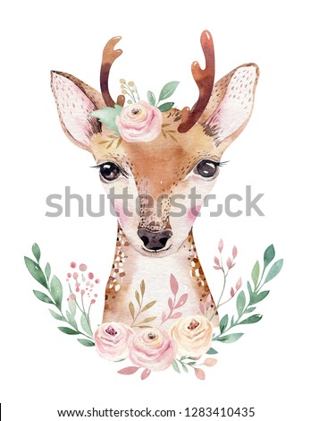 Watercolor forest cartoon isolated cute baby deer animal with flowers. Nursery woodland illustration. Bohemian boho drawing for nursery poster, pattern